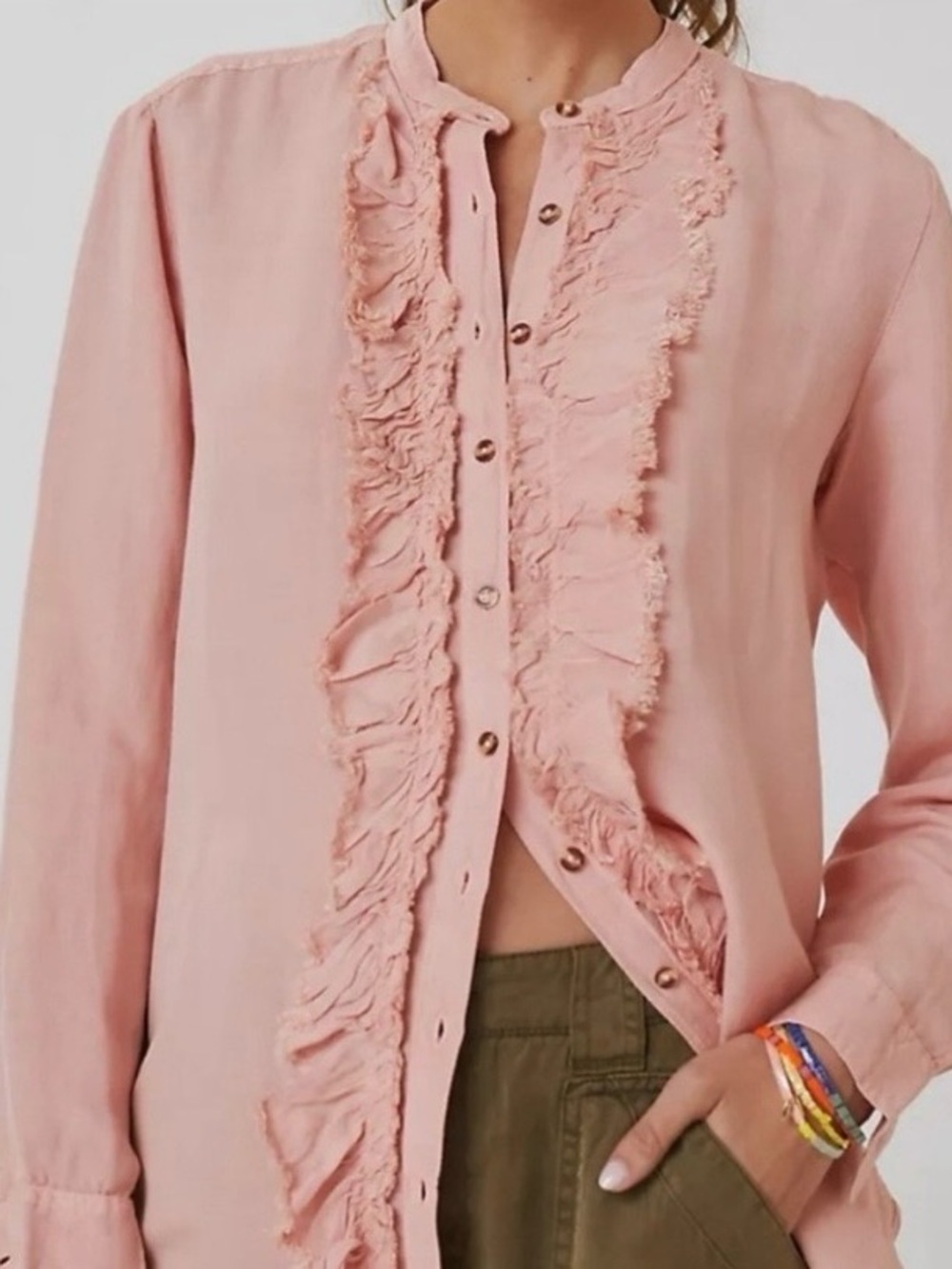 Pilcro Ruffled Placket Woven Linen blend Button-Up Shirt Size XS